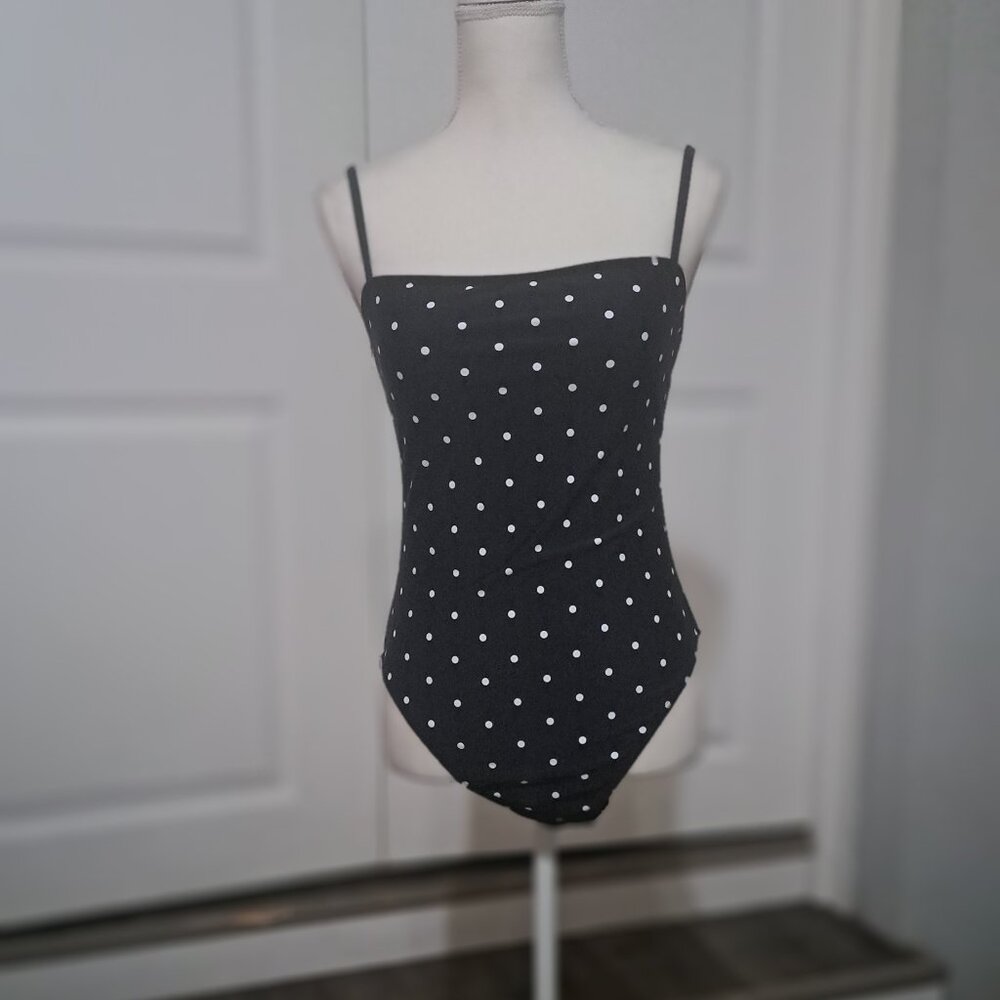 RELLECIGA Women's Bandeau One Piece Black/White Polka Dots Swimsuit Sz L NWT